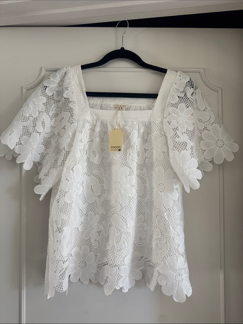 JODIFL White Floral Crochet Square-Neck Blouse